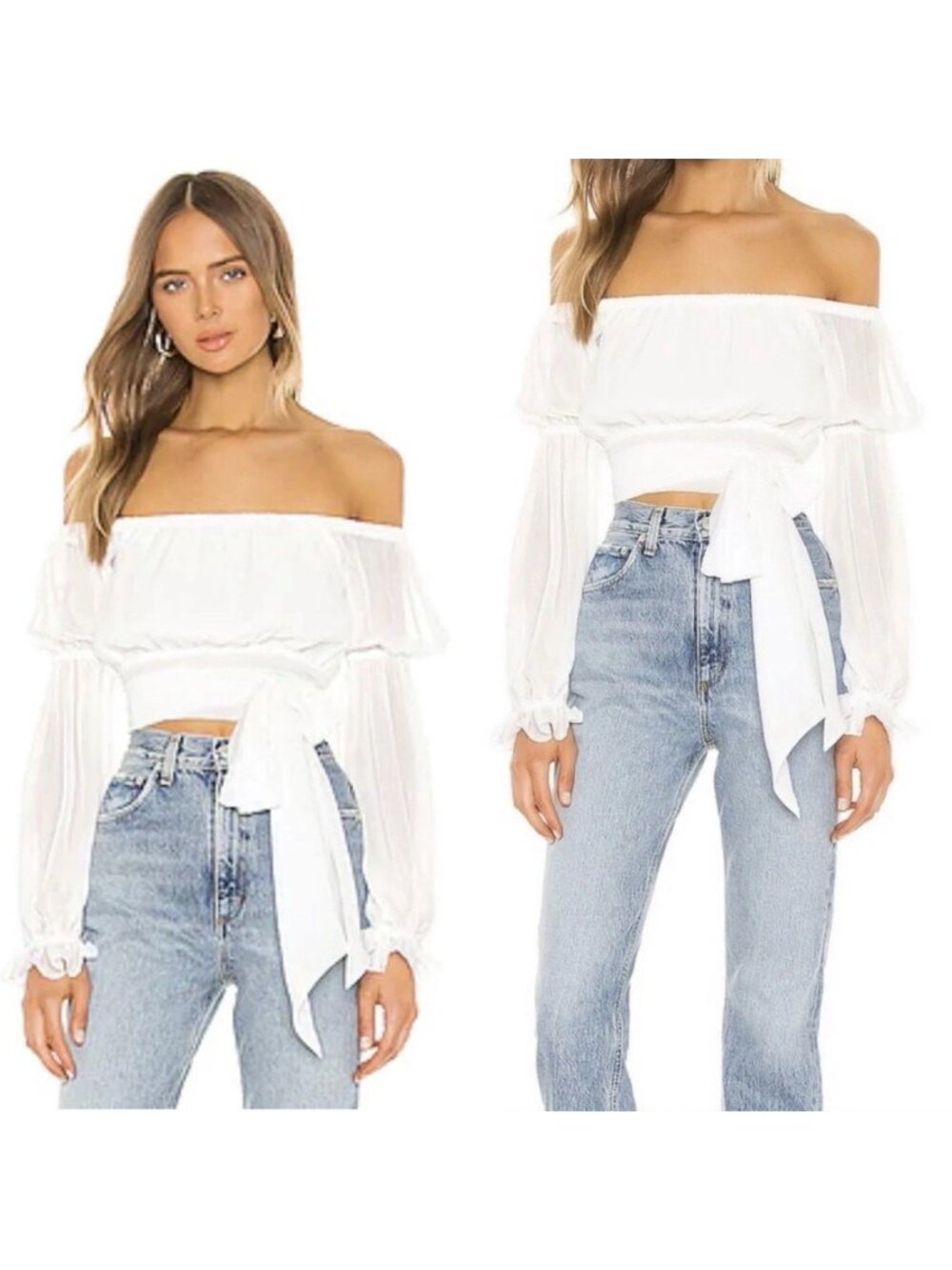 Majorelle Sydney Top S White Wrap Tie Waist Off The Shoulder Chiffon Puff Sleeve